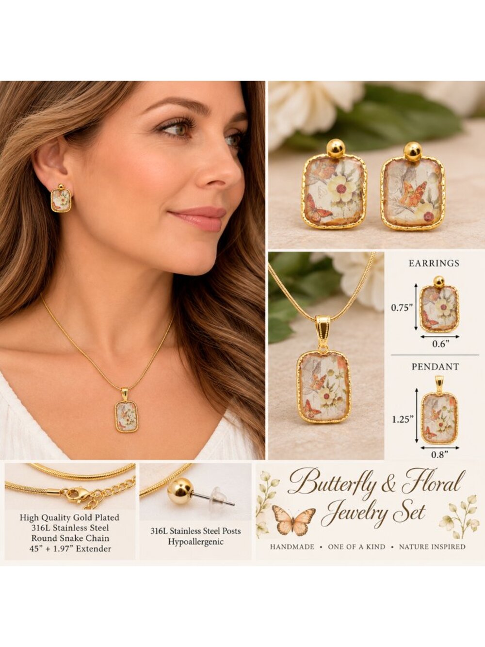 Handmade Vintage-Inspired Butterfly & Floral Necklace and Earring Set